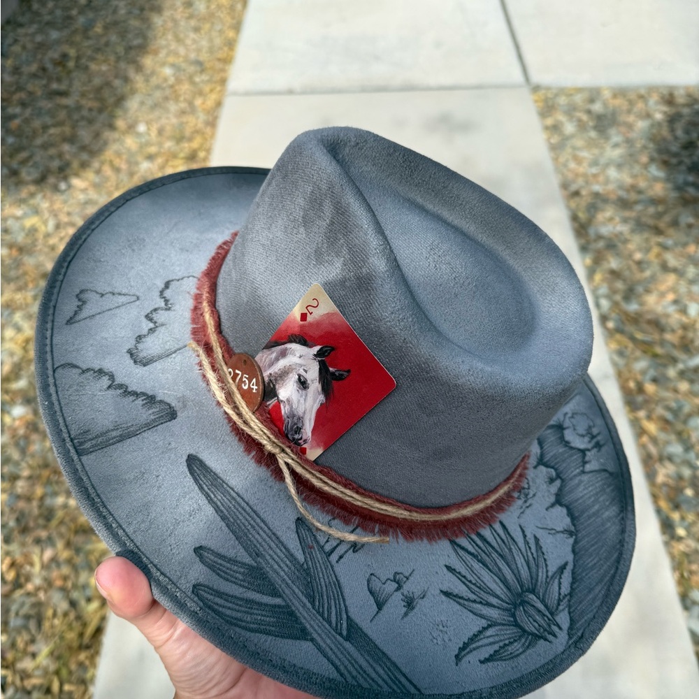 Hand burned gray desert rancher style cowboy hat wide brim boho hat